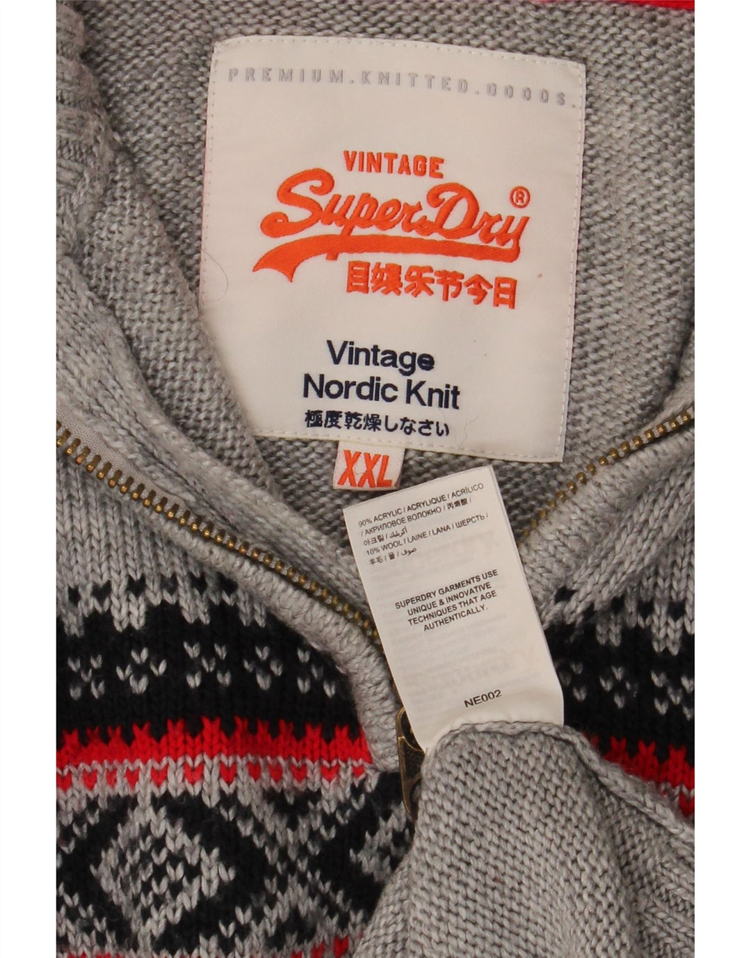 Superdry Herren-Pullover mit Reißverschluss am Hals, 2XL, graues Fair-Isle-Acryl