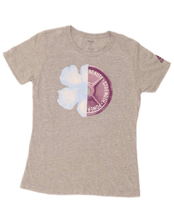 Reebok Womens Graphic T-Shirt Top UK 12 Mittelgrau gefleckte Baumwolle