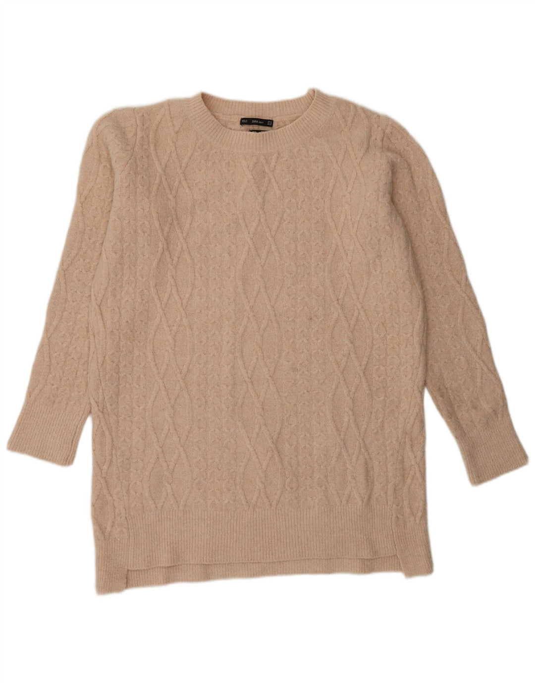 Langer Pullover mit Rundhalsausschnitt für Damen von Zara, Gr. 14, Mittelbeige