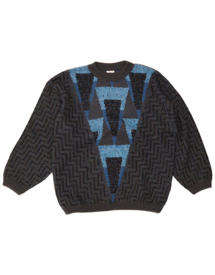 VINTAGE Damen-Pullover mit Rundhalsausschnitt, UK 16, große graue Chevron-Wolle