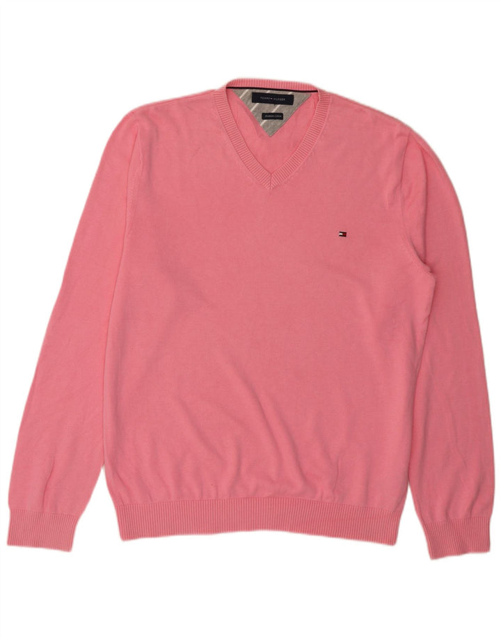 Tommy Hilfiger Herren-Pullover mit V-Ausschnitt aus mittelrosa Baumwolle
