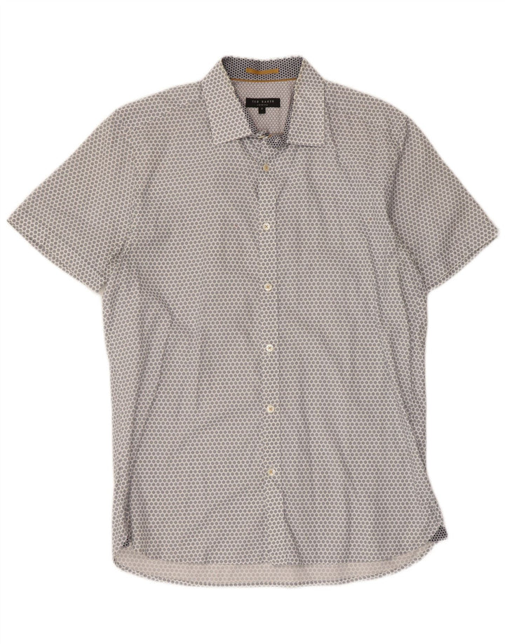 Ted Baker Herren-Kurzarmhemd, Größe 3, Mittelweiß, geometrische Baumwolle