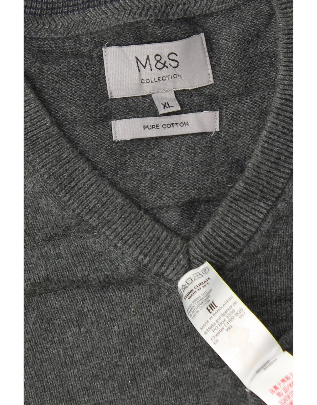 Marks & Spencer Herren-Pullover mit V-Ausschnitt, XL, graue Baumwolle