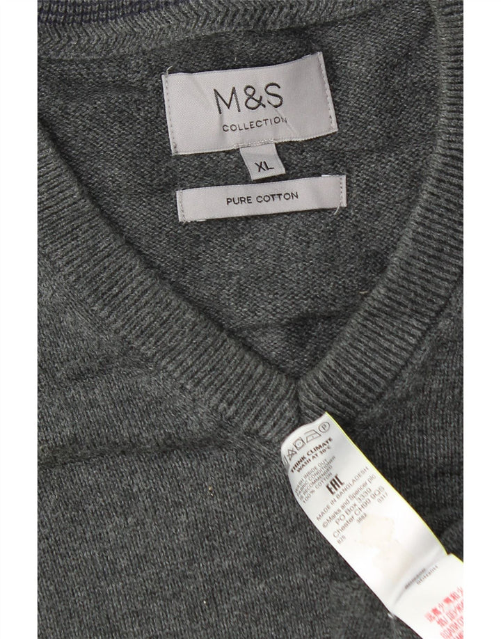 Marks & Spencer Herren-Pullover mit V-Ausschnitt, XL, graue Baumwolle