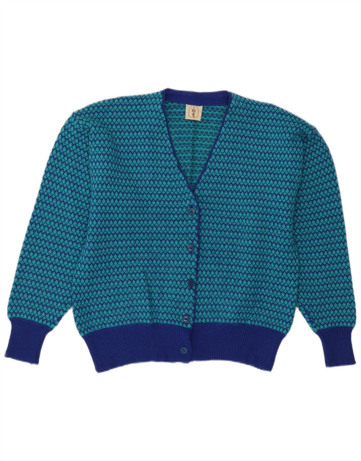 Vintage Damen Cardigan Pullover UK 14 Mittelblaue Hahnentrittwolle