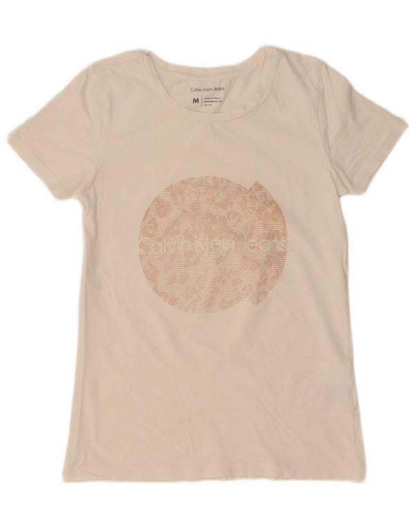 Calvin Klein Jeans Damen Grafik-T-Shirt-Oberteil UK 12 Mittelweiße Baumwolle