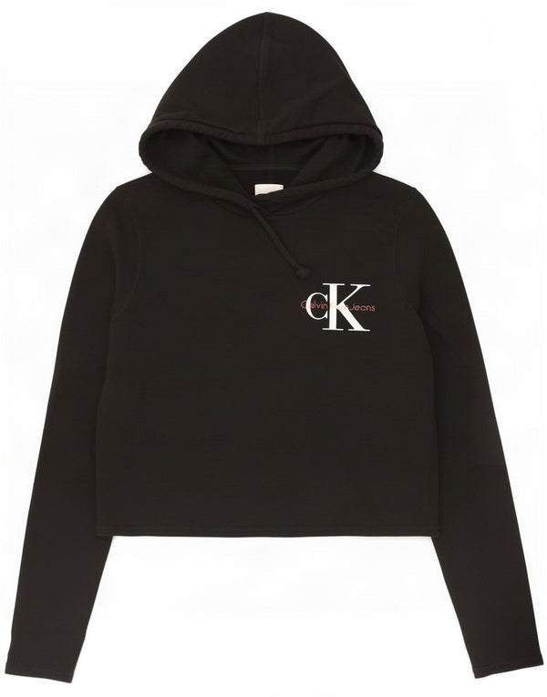 Calvin Klein Damen Crop Graphic Hoodie Pullover UK 10 Small Schwarz Baumwolle