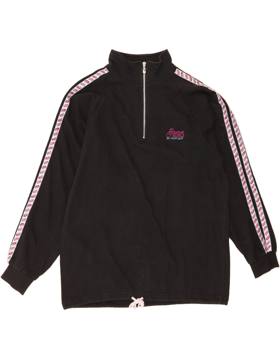 ASICS Mens Graphic Zip Neck Sweatshirt Jumper XL Black Cotton Vintage Asics and Second-Hand Asics from Messina Hembry 