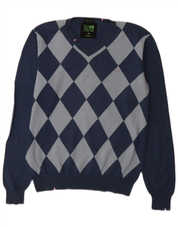 Sun68 Herren-Pullover mit V-Ausschnitt, mittelblaue Argyle-/Diamant-Baumwolle
