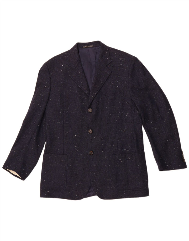 Corneliani Herren-Blazerjacke mit 3 Knöpfen, IT 50, große marineblau gesprenkelte Wolle