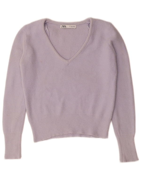 Zara Damen Crop V-Ausschnitt Pullover Pullover UK 10 Small Lila Nylon