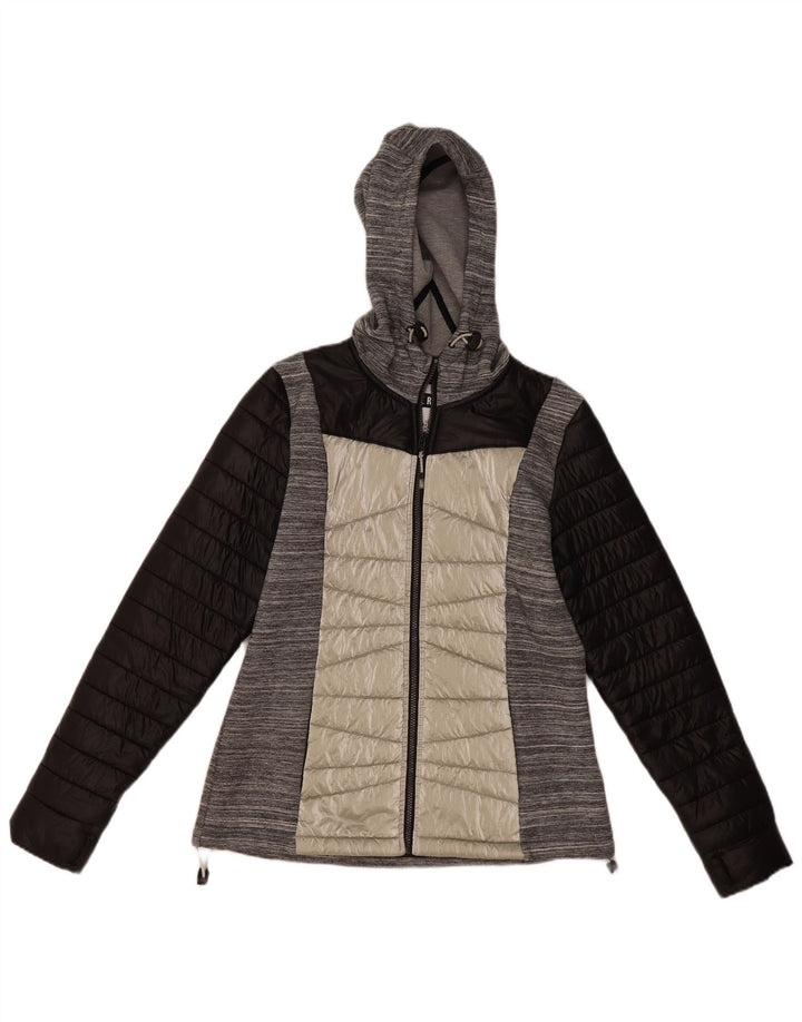 Superdry Wattierte Jacke mit Kapuze für Damen, UK 12, mittelgraues Colourblock-Nylon