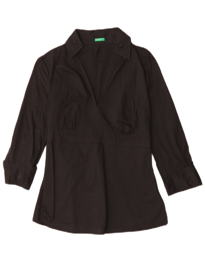 BENETTON Damen-Blusenoberteil mit 3/4-Ärmeln, UK-Größe 10, Größe S, Schwarz, Baumwolle