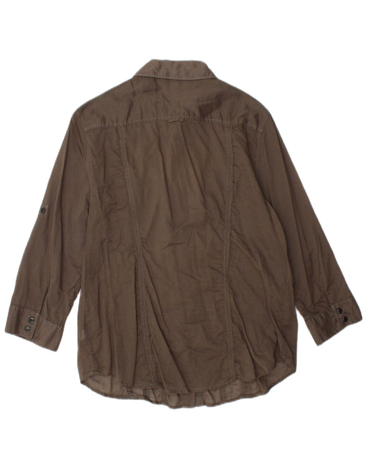 CALVIN KLEIN Damen-Hemd mit 3/4-Ärmeln und Rüschen vorne, UK-Größe 14, Größe L, braune Baumwolle