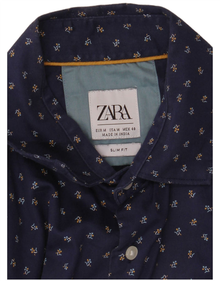 ZARA Herren-Slim-Fit-Hemd, mittleres Marineblau mit Blumenmuster