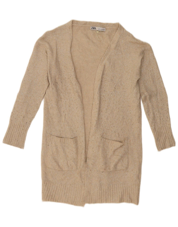 Zara Damen Longline Loose Fit Open Cardigan Pullover UK 6 XS Beige gefleckt