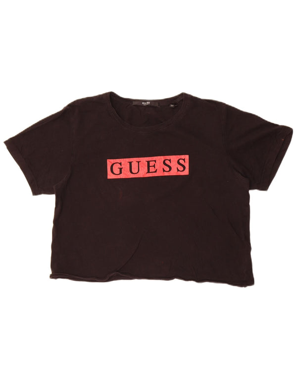 Guess Damen Crop Graphic T-Shirt Top UK 16 Large Schwarz Baumwolle