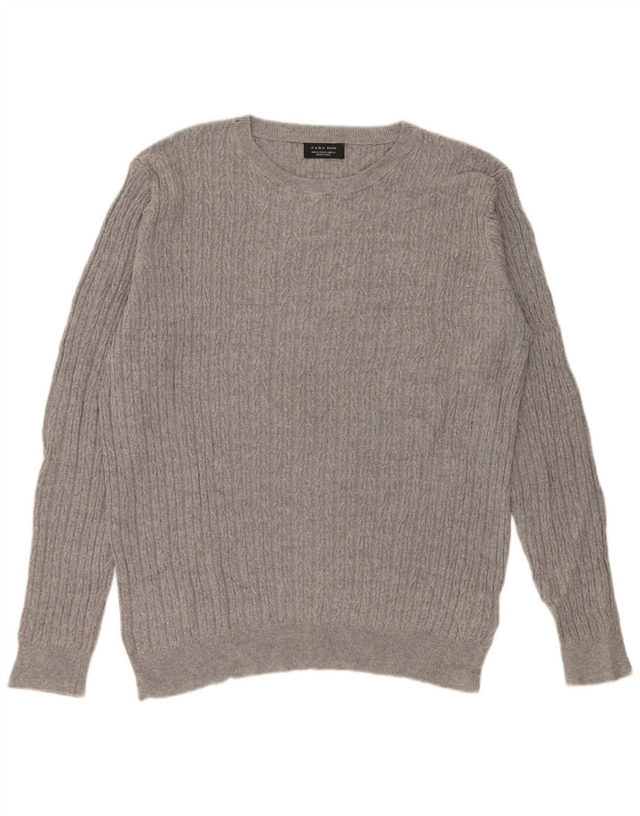 Zara Herren-Pullover mit Rundhalsausschnitt, XL, graue Baumwolle