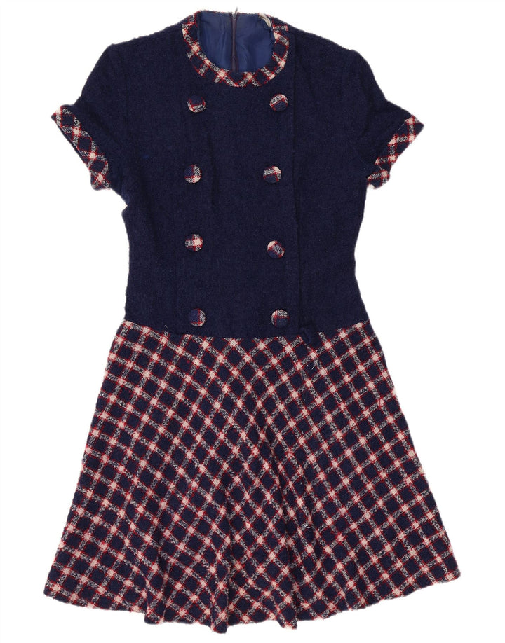 VINTAGE Damen A-Linien-Kleid UK 12 Medium Navy Blue Check