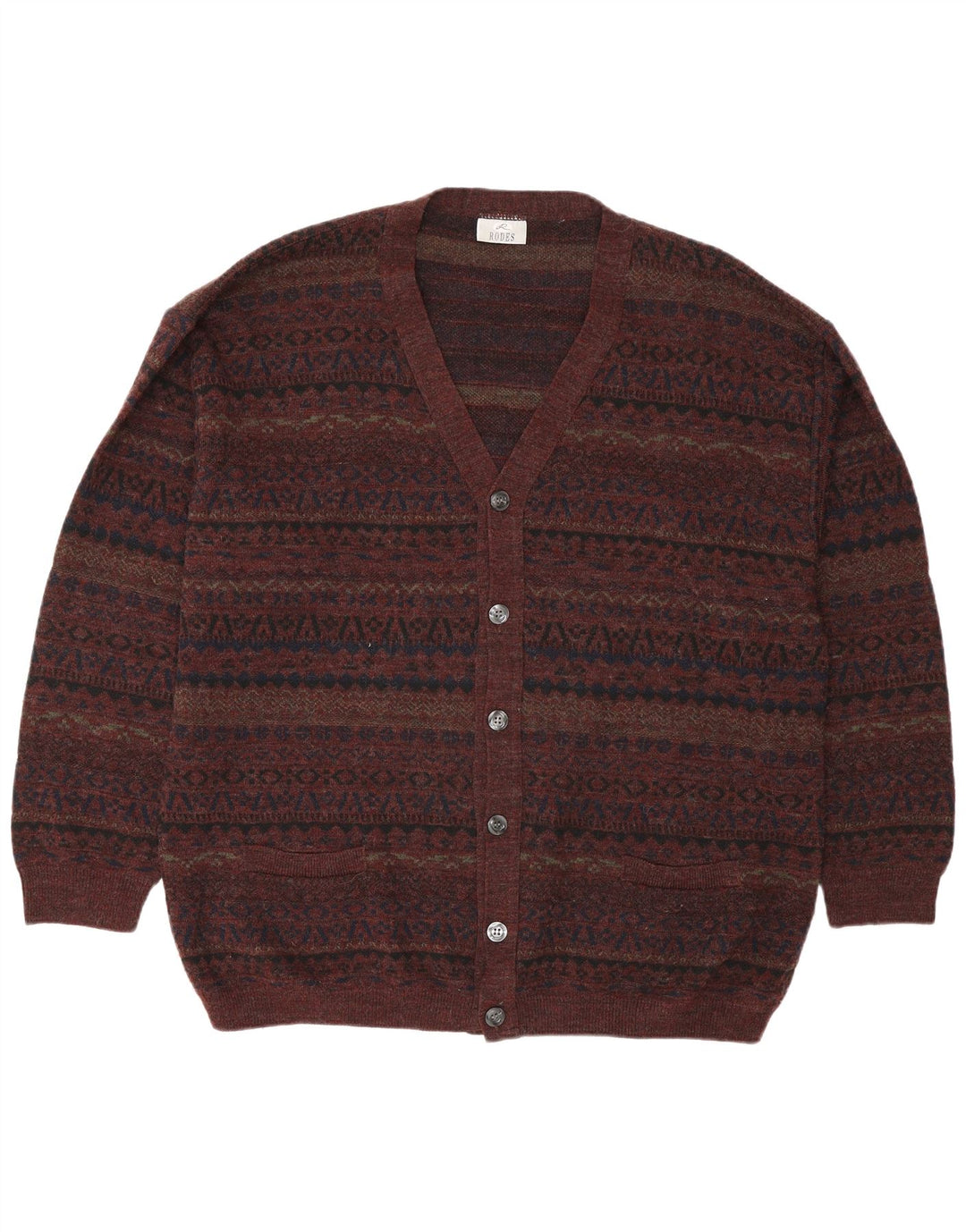 Rodes Herren-Cardigan-Pullover 2XL Braune geometrische Wolle