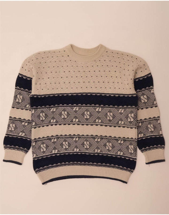Vintage Herren Pullover mit Rundhalsausschnitt, groß, beige, geometrisch