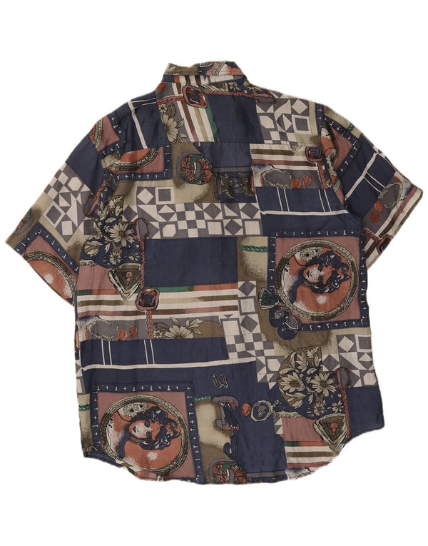 Vintage Herren-Kurzarmhemd mit abstraktem Muster, mittlere marineblaue Seide