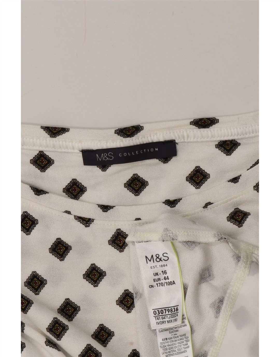 Marks & Spencer Damen Langarm-Tunika-Oberteil UK 16 Large Weiß Geometrisch
