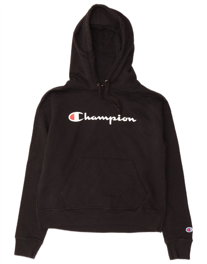 CHAMPION Womens Oversized Crop Graphic Hoodie Pullover UK 6 XS Schwarz Baumwolle
