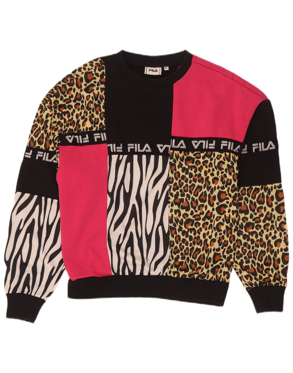 Fila Damen Grafik-Sweatshirt-Pullover UK 6 XS Schwarzer Tierdruck