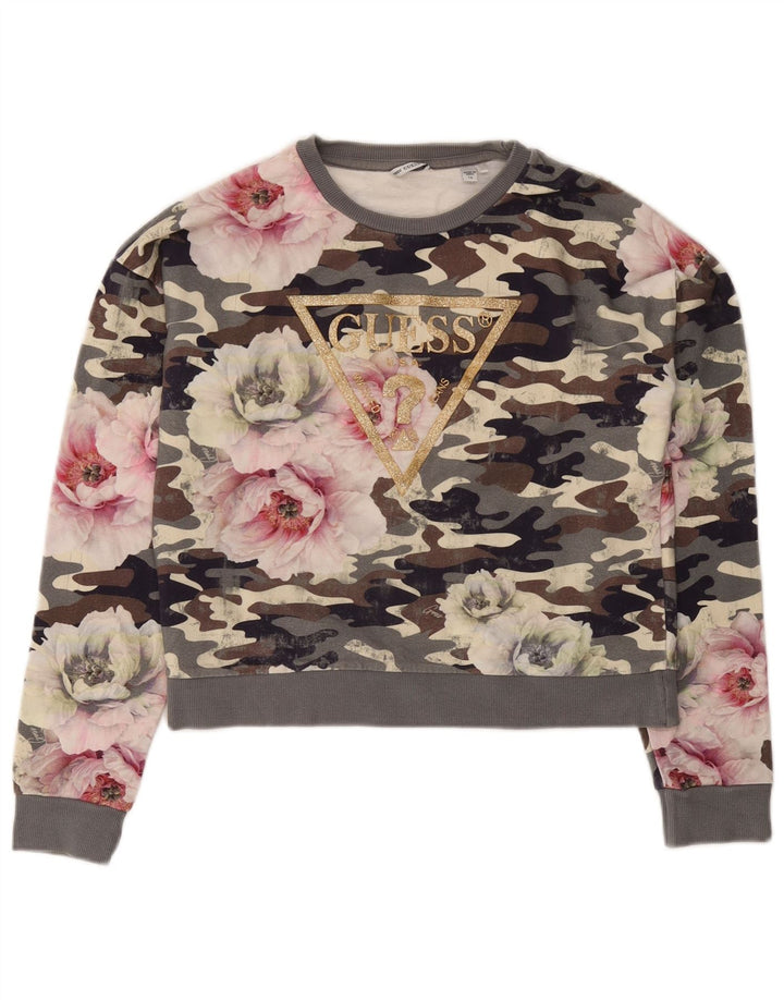 GUESS Damen Crop Graphic Sweatshirt Pullover UK 16 Large Graue Tarnung