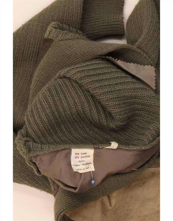 Vintage Herren Wildleder Cardigan Pullover IT 50 Medium Khaki Colourblock Wolle