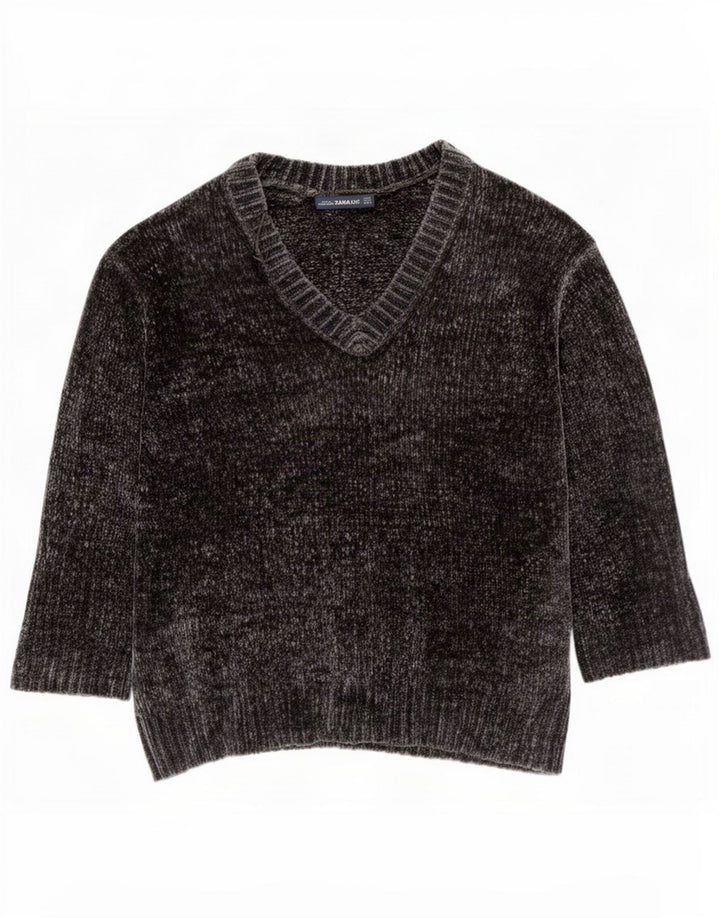 Zara Damen-Pullover, übergroß, 3/4-Ärmel, V-Ausschnitt, Gr. 14, Mittelgrau