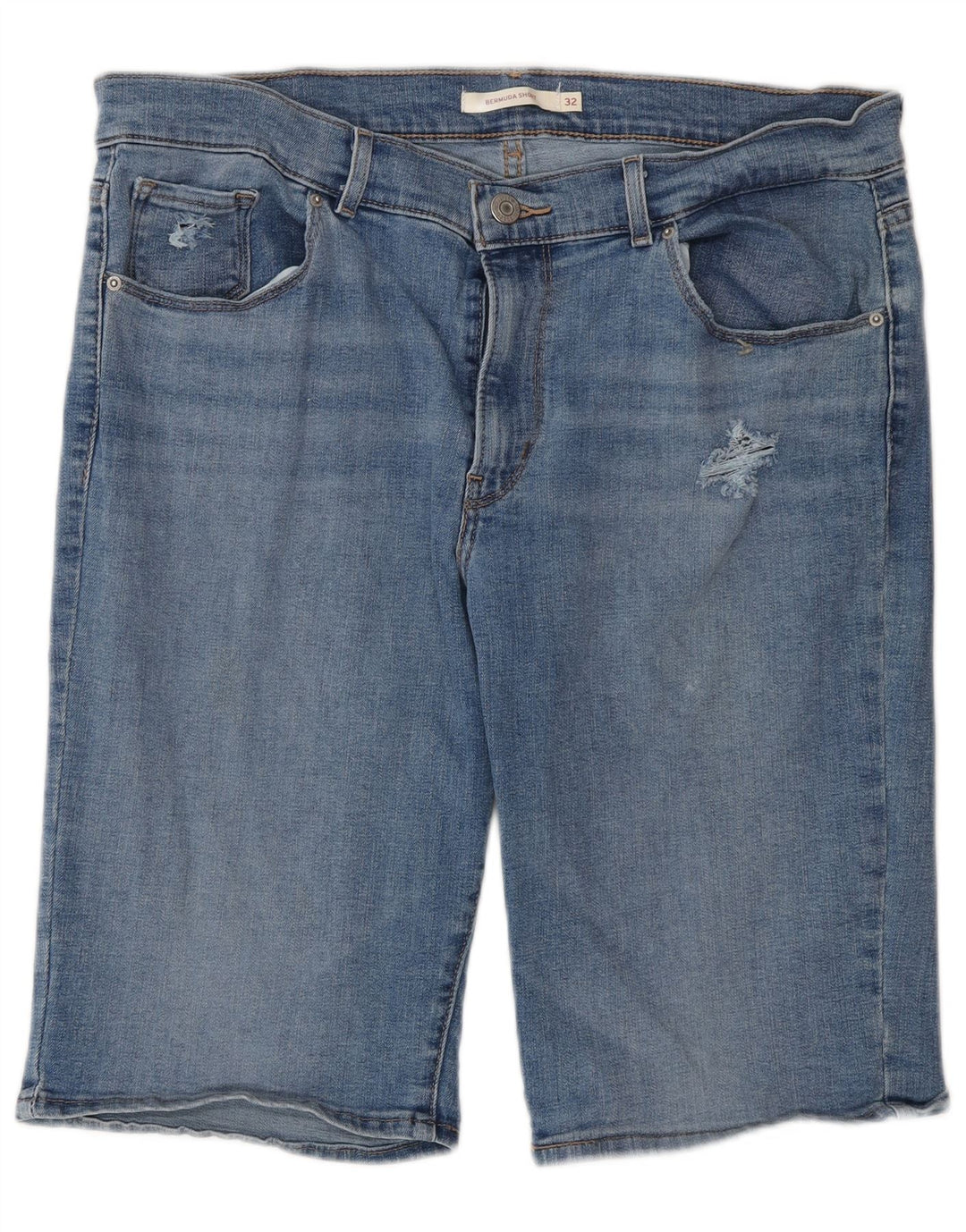 LEVI'S Damen-Bermuda-Jeansshorts im Distressed-Look, W32, groß, aus blauer Baumwolle