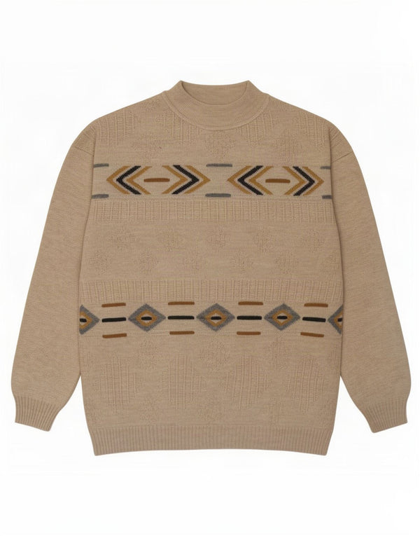 Vintage Herren Pullover mit Rundhalsausschnitt IT 54 XL Beige Geometrisch