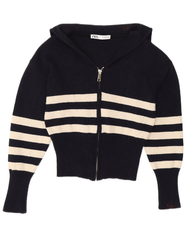 Zara Damen Crop Cardigan Pullover Kleine marineblau gestreifte Viskose