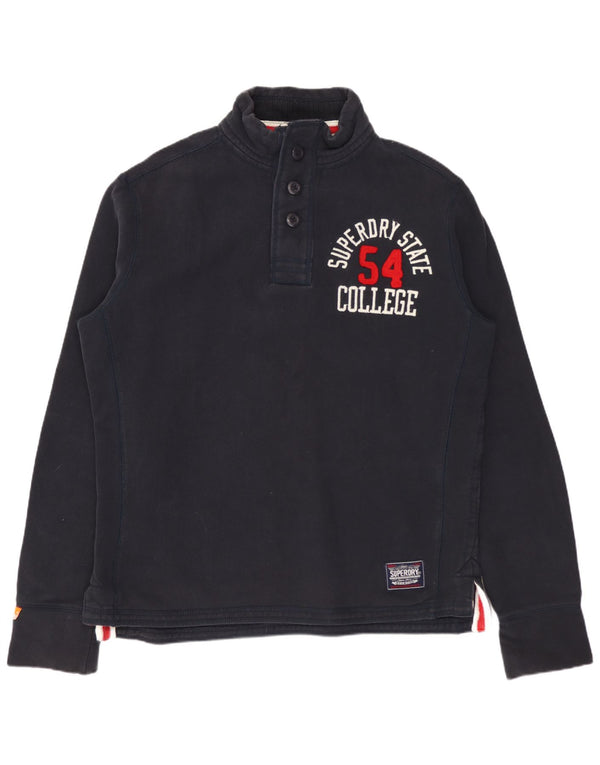 Superdry Mens Graphic Button Neck Sweatshirt Jumper Large Navy Blue Cotton