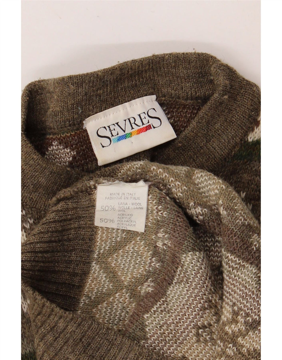 SEVRES Herren-Pullover mit Rundhalsausschnitt, IT 52, große Khaki-Fair-Isle-Wolle
