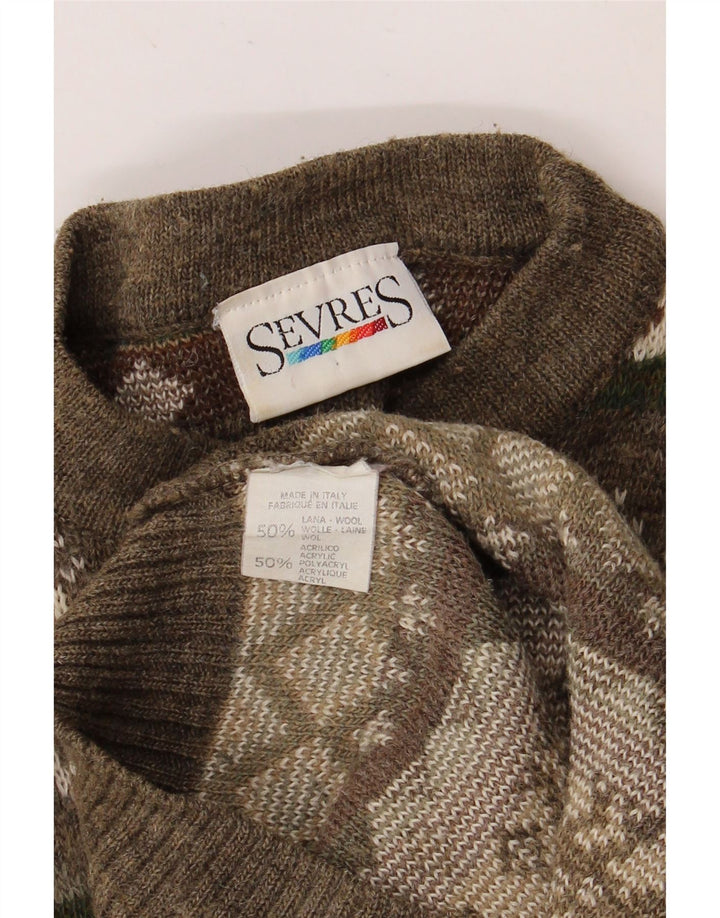 SEVRES Herren-Pullover mit Rundhalsausschnitt, IT 52, große Khaki-Fair-Isle-Wolle