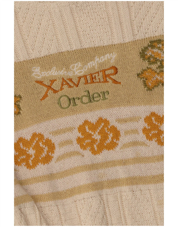 VINTAGE Herren Pullover mit grafischem U-Boot-Ausschnitt, mittelweiß, geblümt