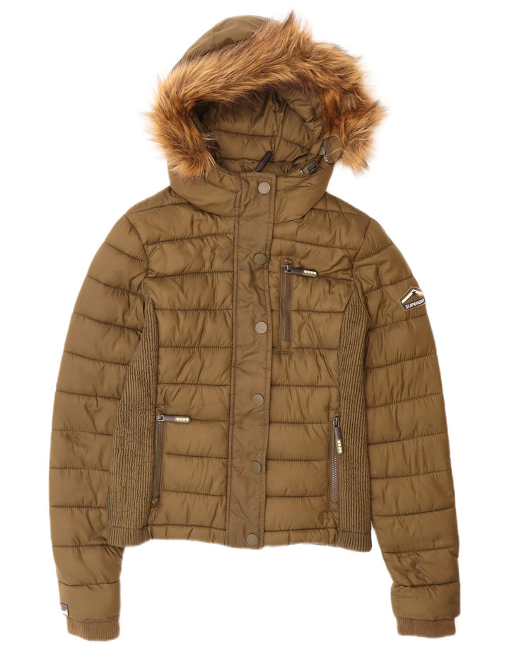 SUPERDRY Womens Hooded Padded Jacket UK 10 Small Khaki Nylon
