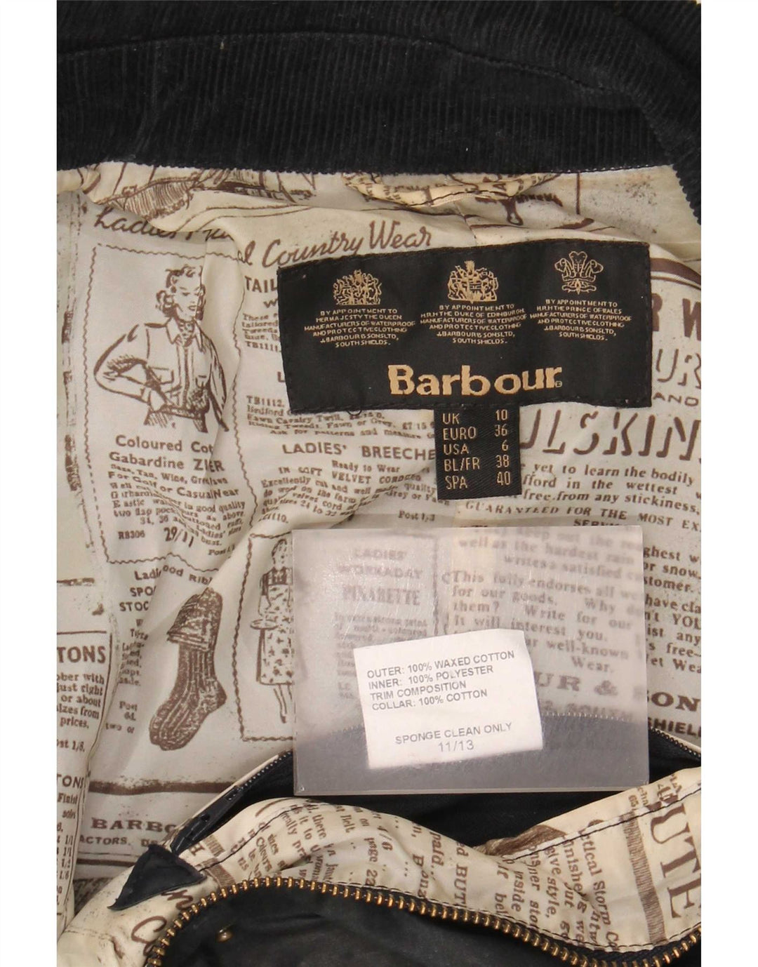 Barbour Damenjacke aus gewachster Baumwolle, Gr. 10, Schwarz
