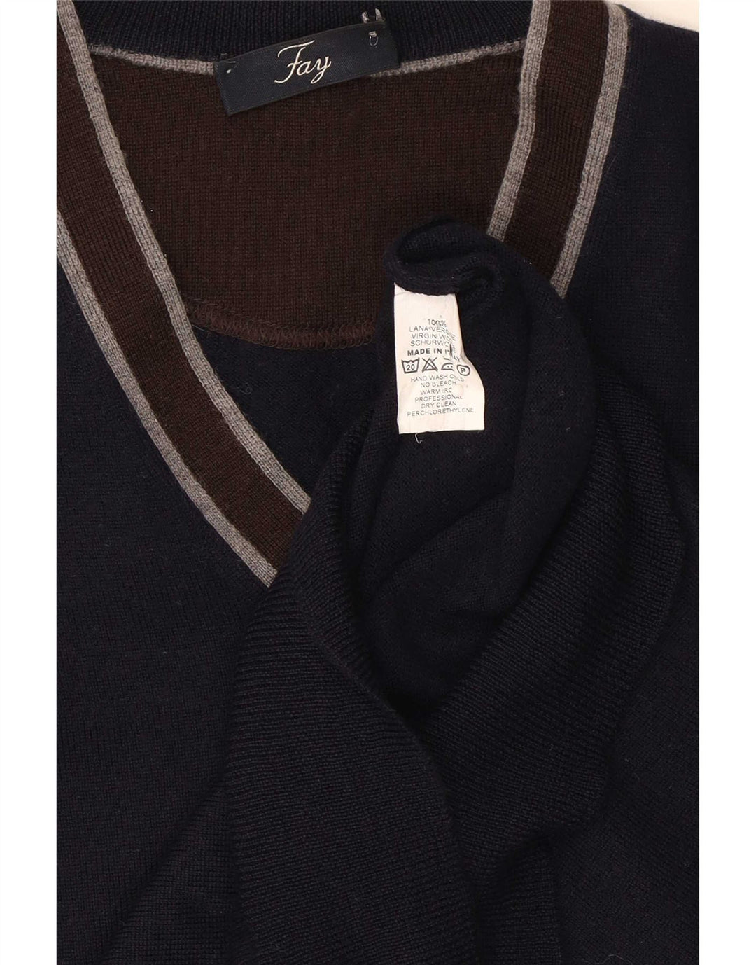 Fay Herren-Pullover mit V-Ausschnitt, mittlerer marineblauer Colourblock-Schurwolle