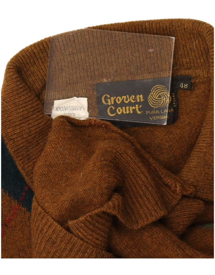 VINTAGE Herren Rollkragenpullover Pullover IT 48 Small Brown Argyle/Diamond