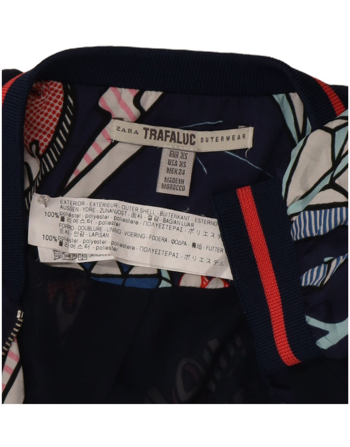 Zara Damen Bomberjacke mit abstraktem Muster, lockere Passform, UK 6 XS, Marineblau