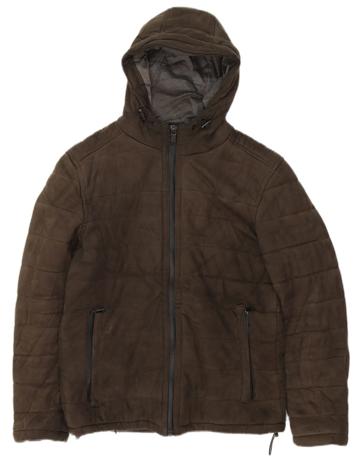 ZARA Herren-Jacke mit Kapuze, gepolstert, Größe 40, Khaki, Polyester