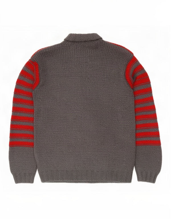 Vintage Mens Roll Neck Jumper Sweater Medium Grey Striped