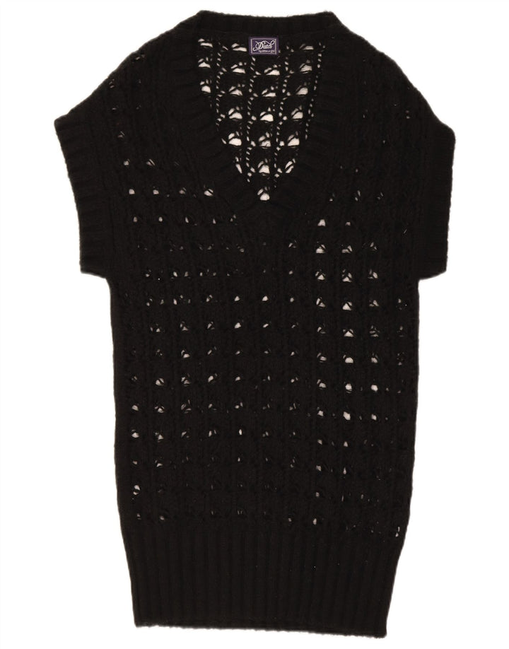 DATCH Womens Longline Crochet V-Neck Jumper Sweater UK 10 Small Black