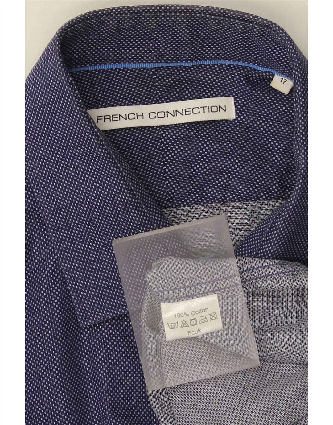 French Connection Herrenhemd, Größe 17 XL, marineblau gepunktete Baumwolle