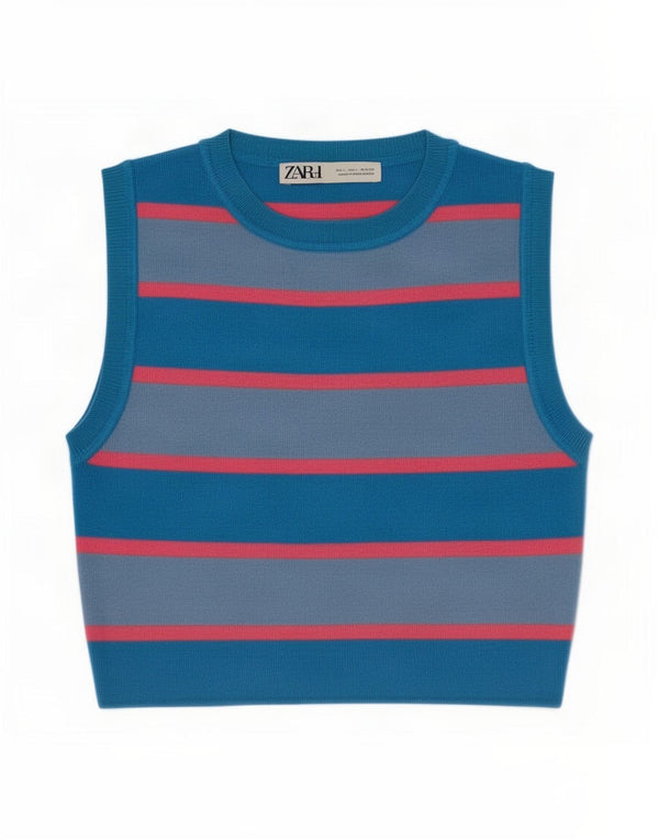 Zara Damen Crop Vest Top UK 14 Große blau gestreifte Viskose