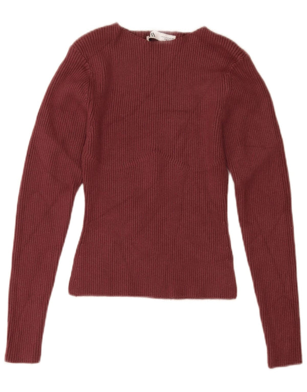 Zara Damen Pullover mit bauchfreiem U-Boot-Ausschnitt, Gr. 12, mittlere bordeauxrote Viskose